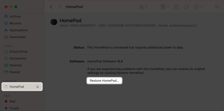Open the Finder app pick HomePod under Locations and select Restore HomePod