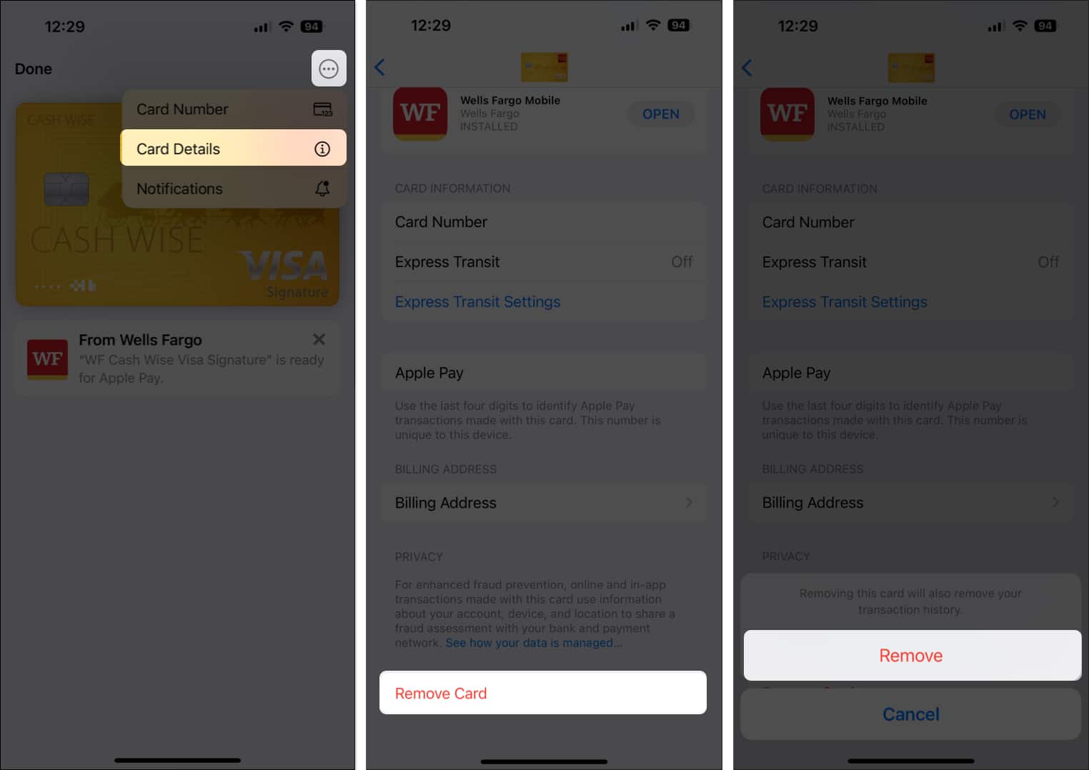 Tap on card three dots and select Card Details tap Remove Card and Remove