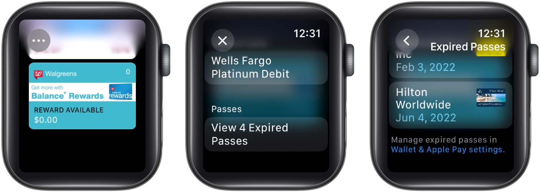 Tap three dots select view expired pass and select pass on Apple Watch