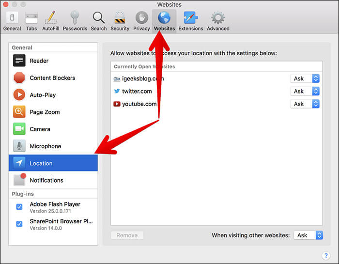 Click on Websites Tab then Location in Safari on Mac