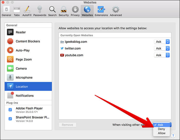 Set Location Service for Website in Safari