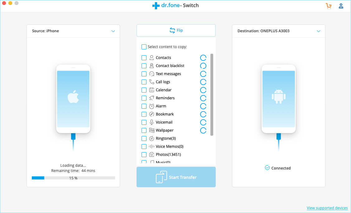 Move Data from iPhone to Android using drfone Switch