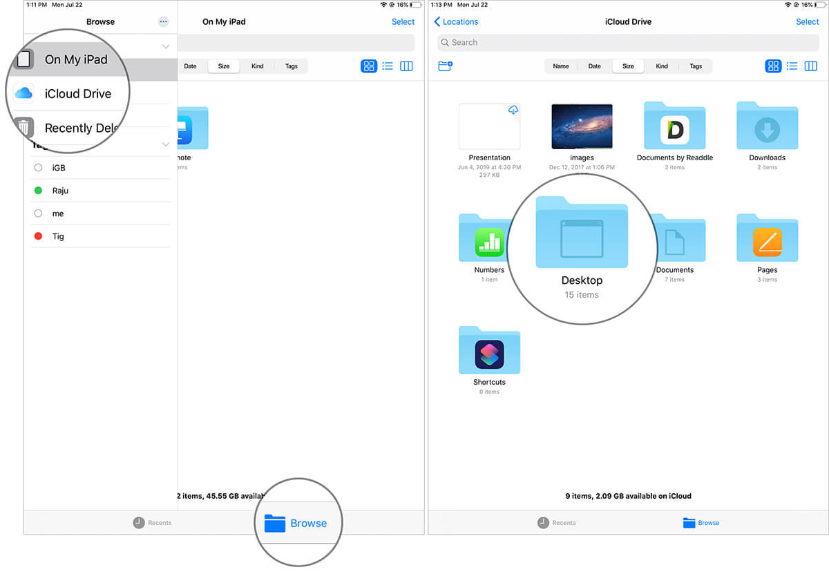 Tap on Browse to select the folder in iPadOS Files App