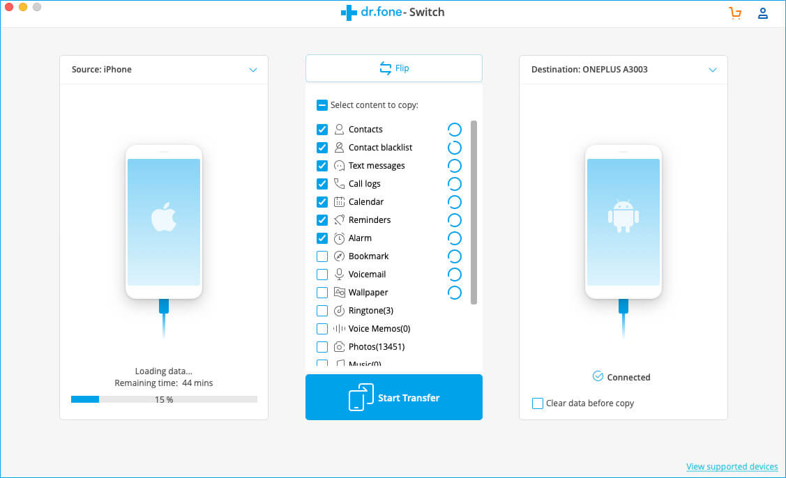 Transfer Data from iPhone to Android or Android to iPhone using DrFone Switch