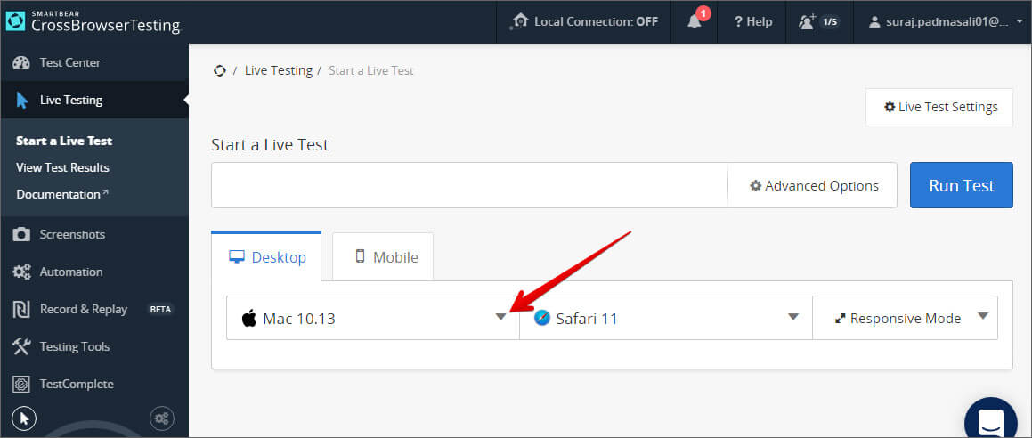 Click on the drop down menu next to Mac OSX in Crossbrowsertesting Web
