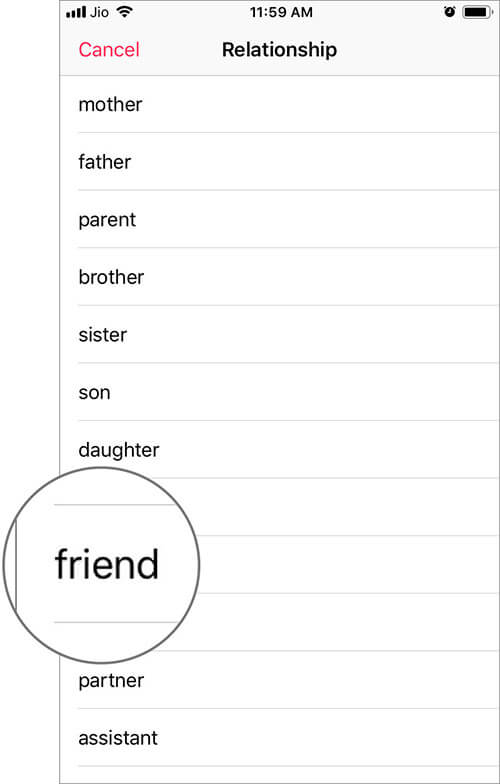 Choose Relationship with Person Add as Emergency SOS Contact in iPhone