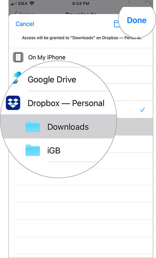 Select any third party Storage service to Save Safari Download Files on iPhone
