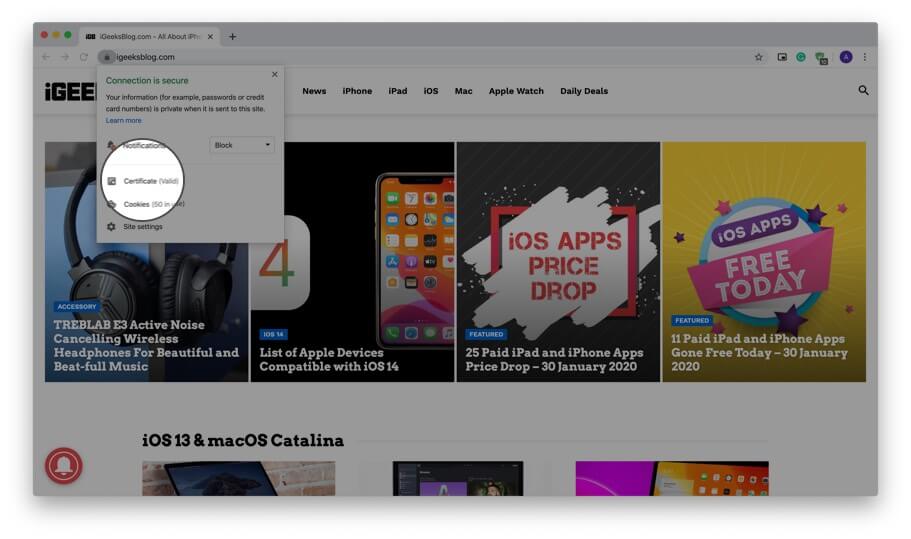 Click on Certificate from Drop Down Menu in Chrome on Mac