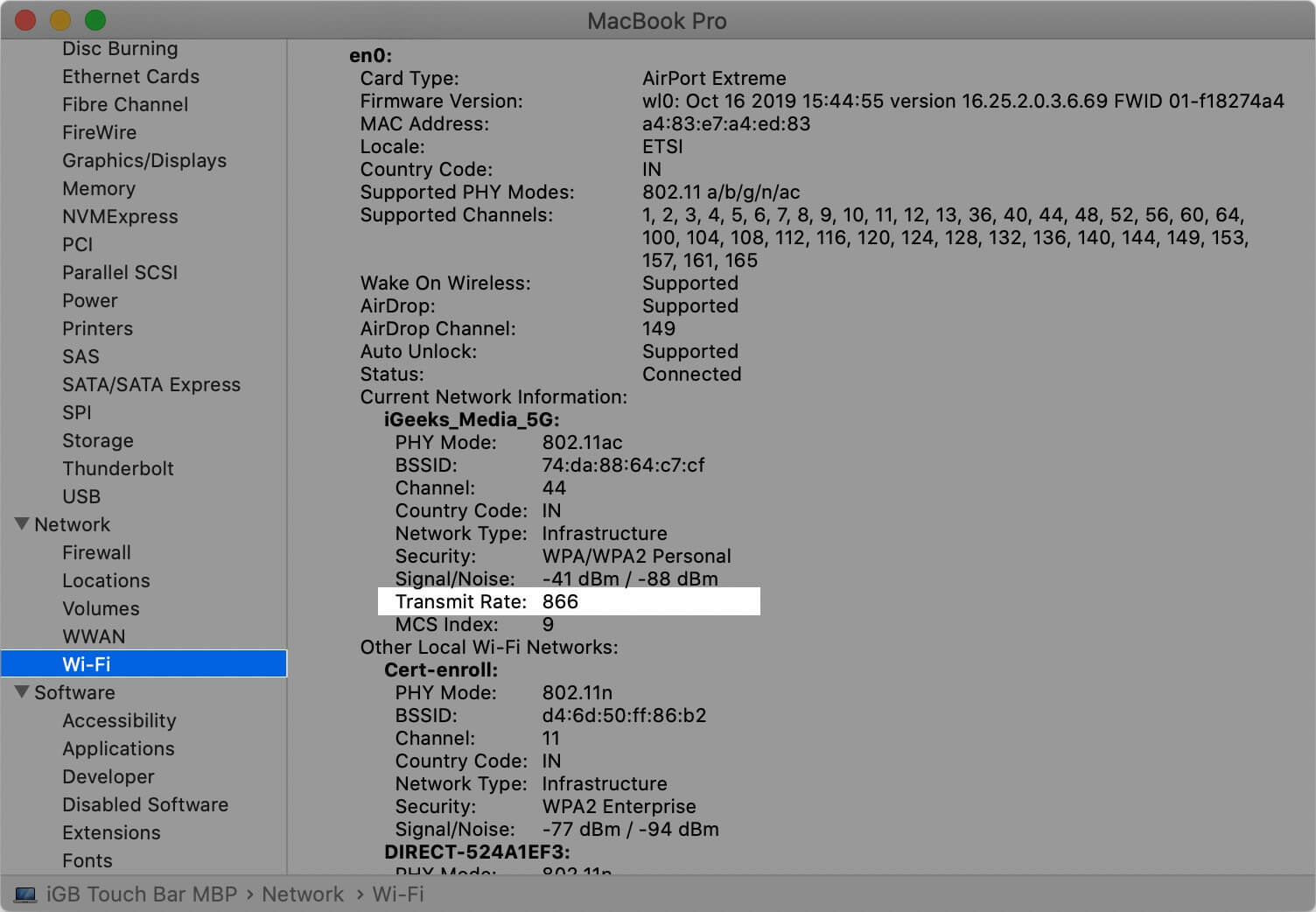 Click on Wi Fi and Check Transmit Rate on Mac