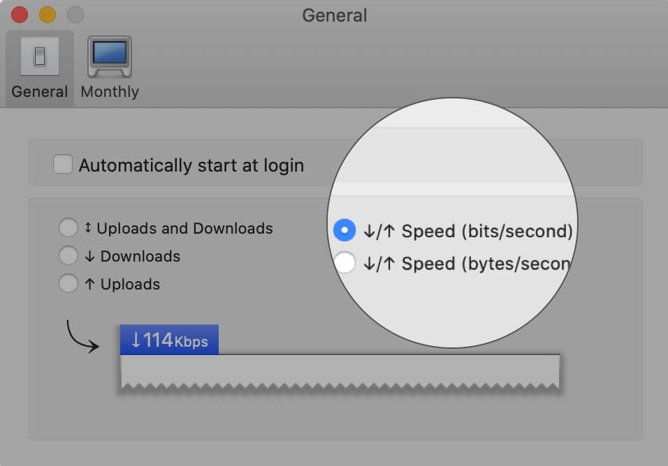 Select Speed bitsecond in General Tab on Mac