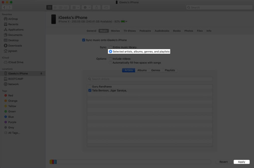 Choose Selected Artists Albums Genres and Playlist and Click on Apply on Mac