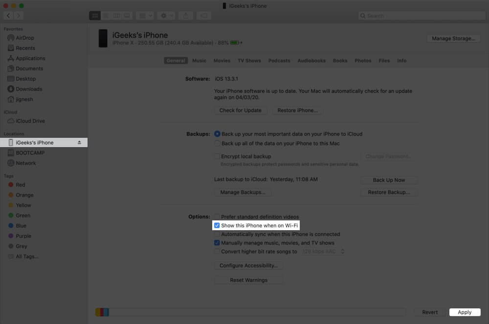 Click on Device and Select Show this iPhone when on Wi Fi and Then Click on Apply