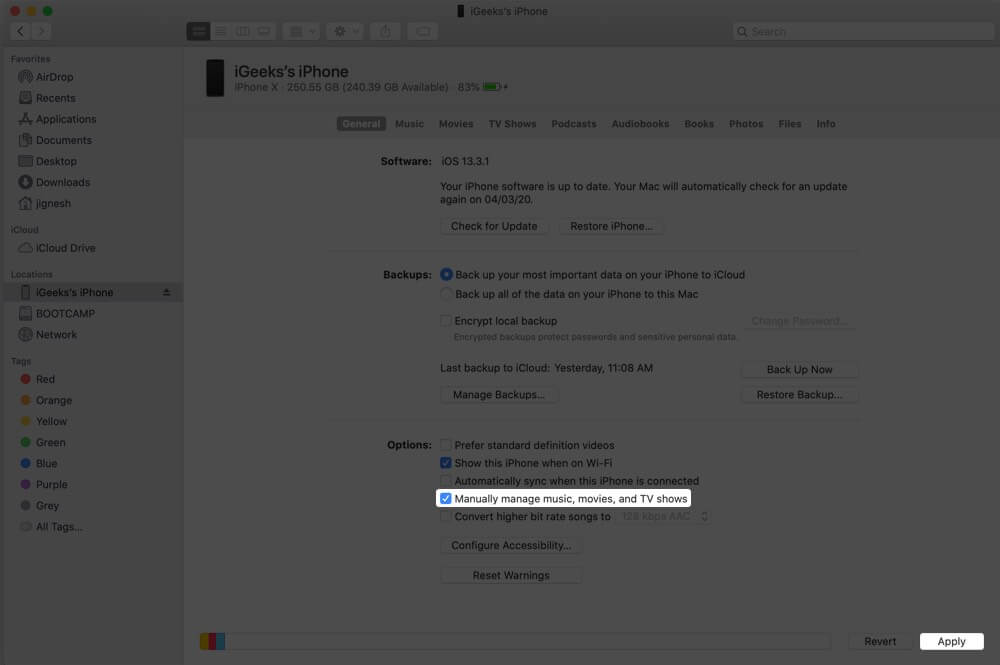 Select Manually manage music films and TV shows and Click Apply on Mac