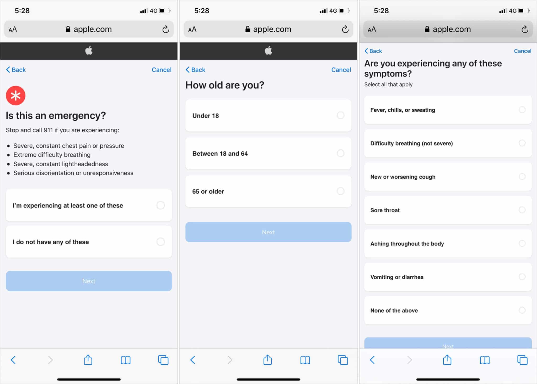 Answer a few questions about symptom in COVID 19 Screening Tool
