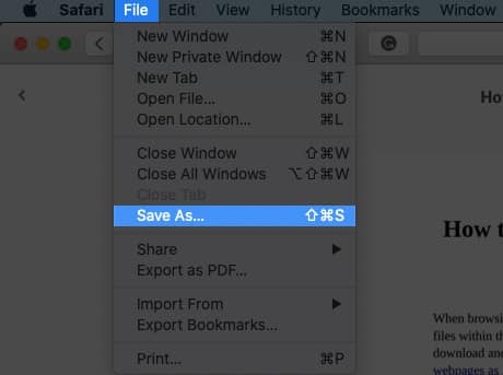 Click on File and Select Save As in Safari on Mac