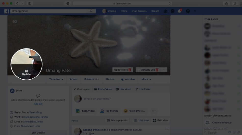 Click on Update on Facebook Profile Picture