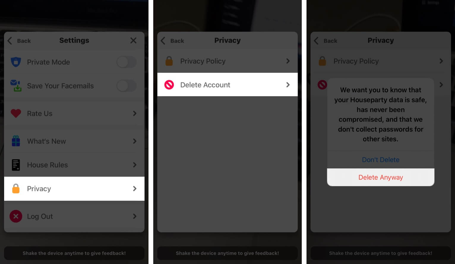Delete Houseparty Account on iPhone