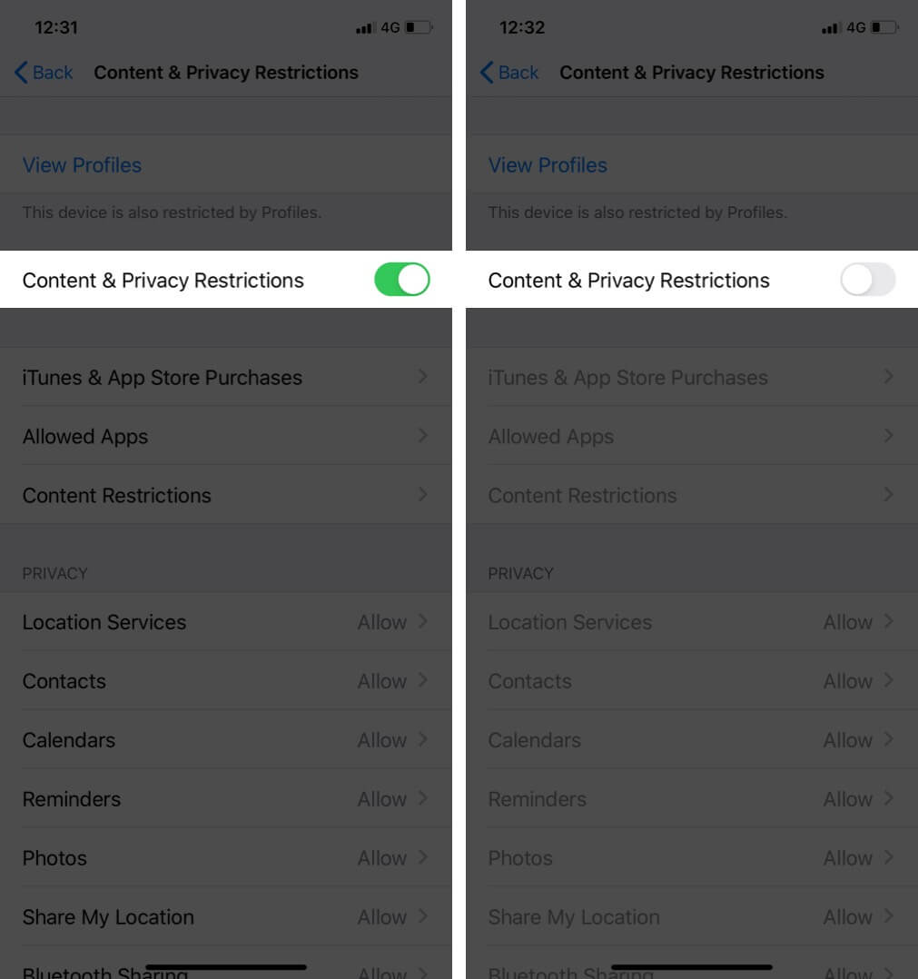 Disable Content  Privacy Restrictions on iPhone