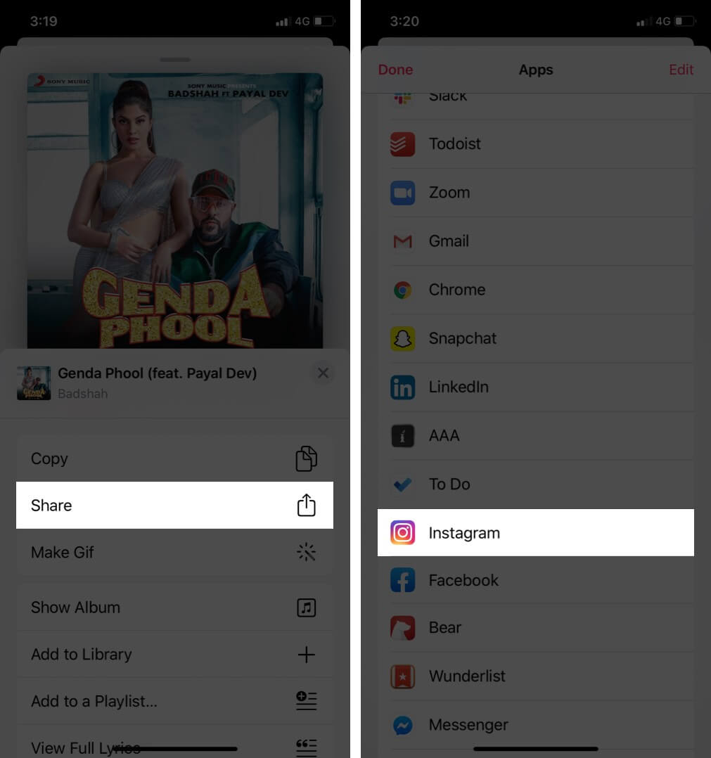 Tap on Share and Select Instagram on iPhone