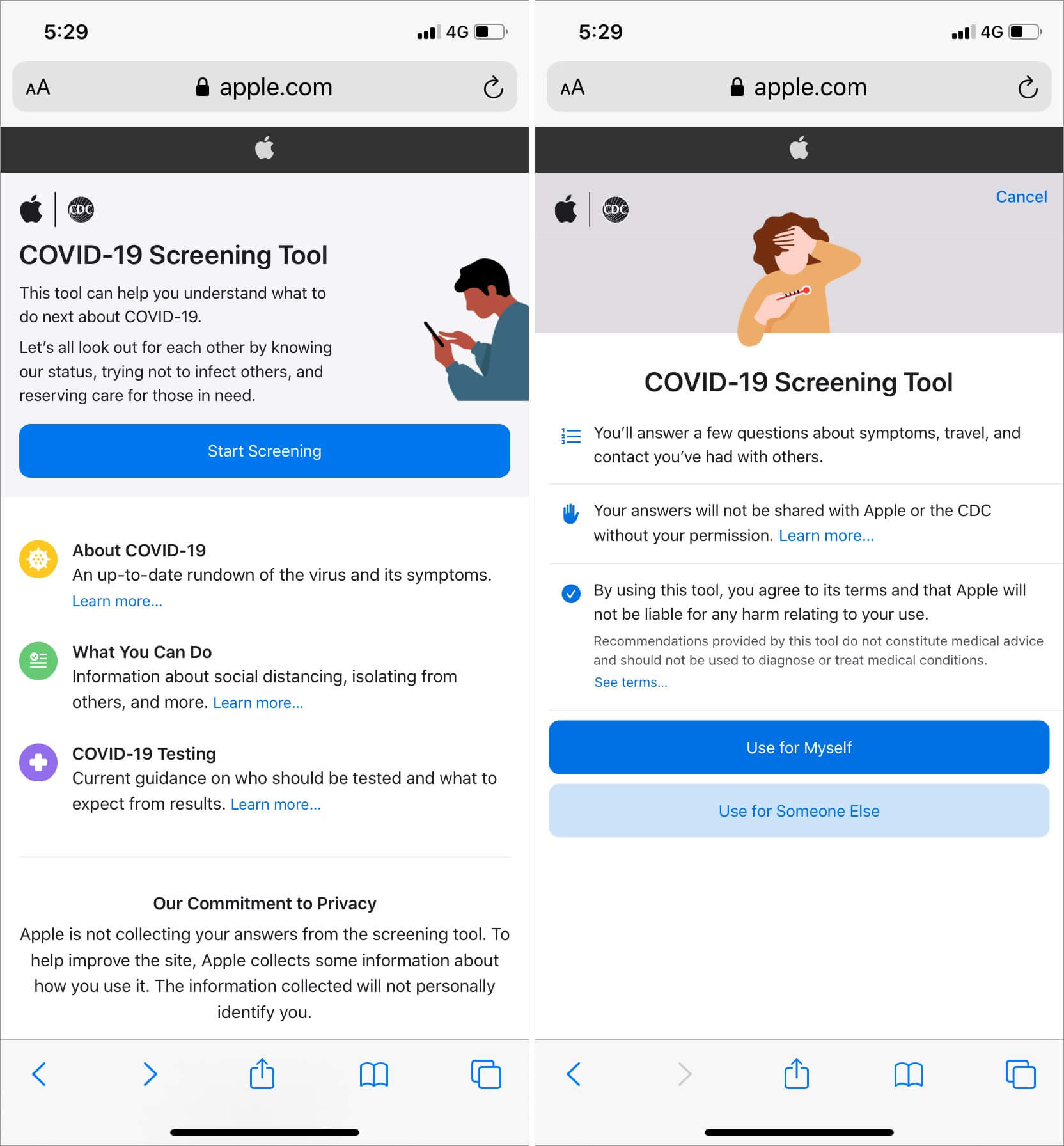 Tap on Start Screening and Select the option in Covid 19 Screening Tool