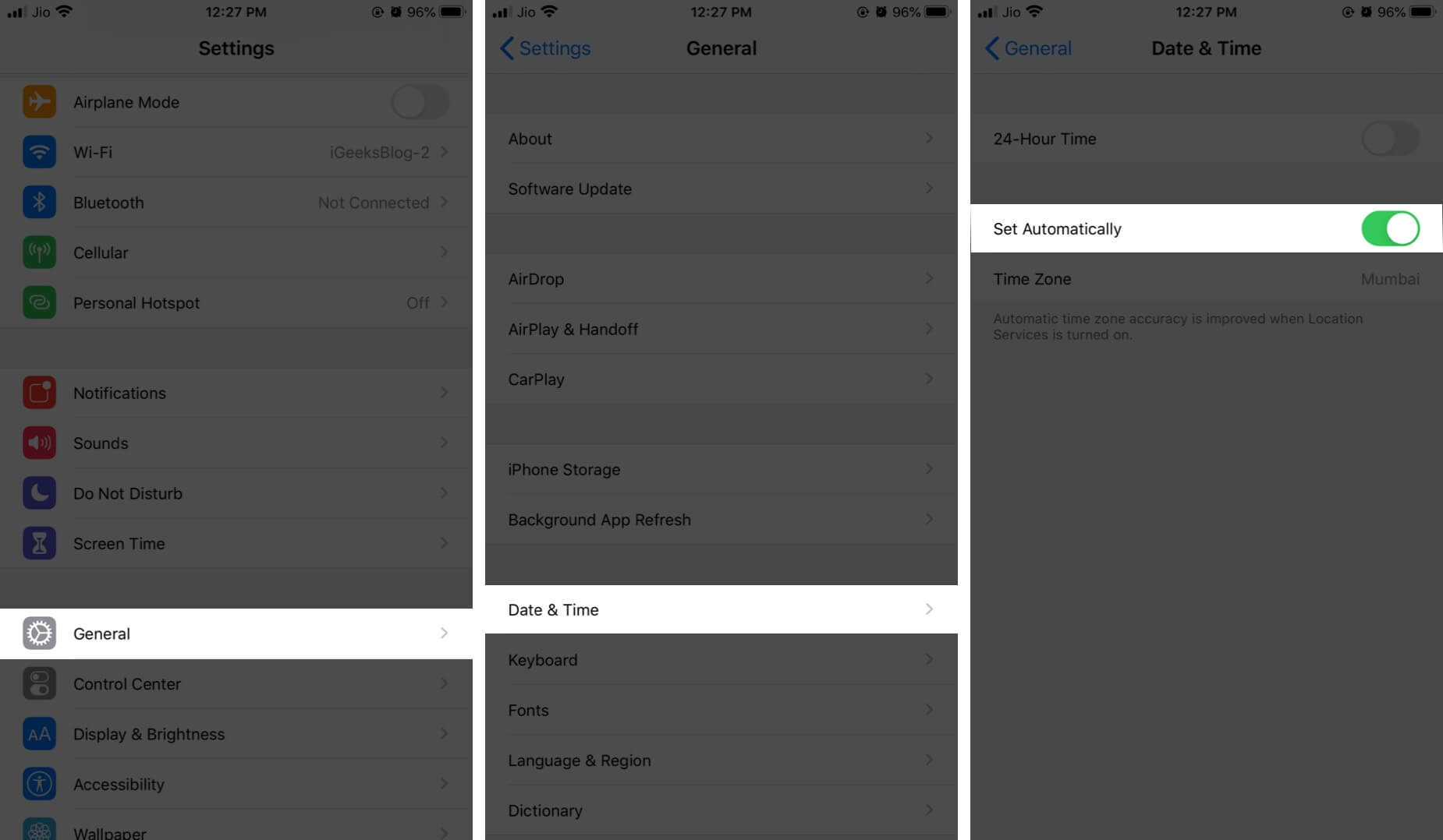 Turn On Set Automatically for Date  Time on iPhone