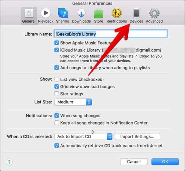 Click on Devices in iTunes Preferences on Mac