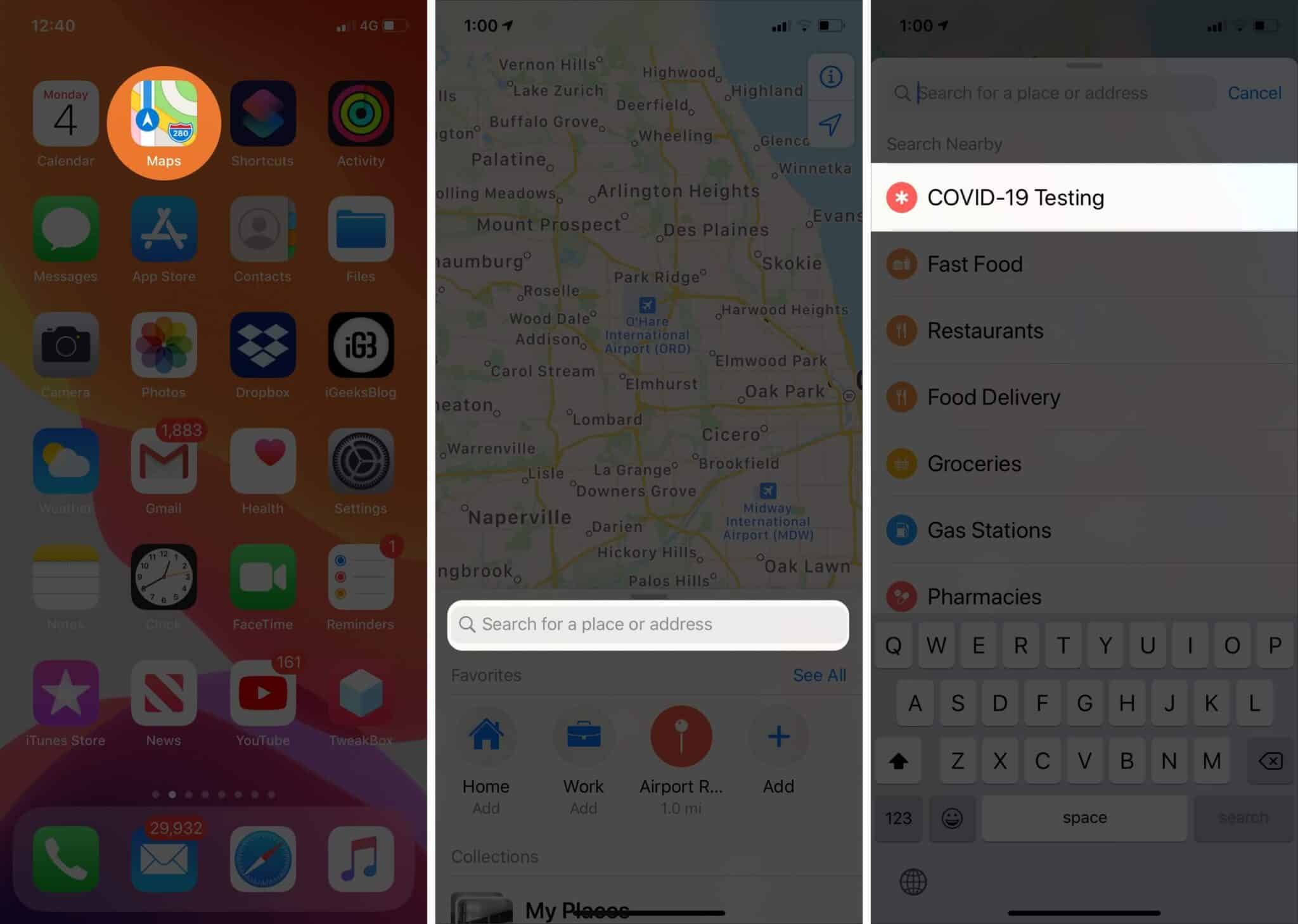 Tap on Covid 19 Testing in Apple Maps