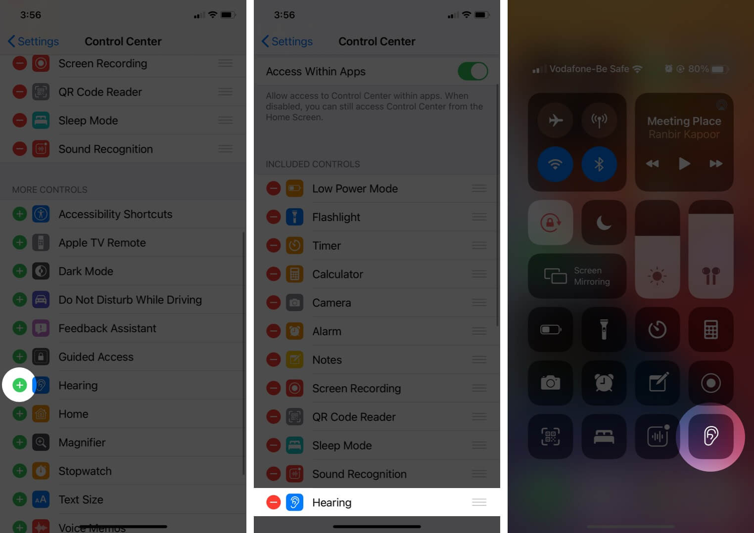 add hearing icon in control center on iphone running ios 14