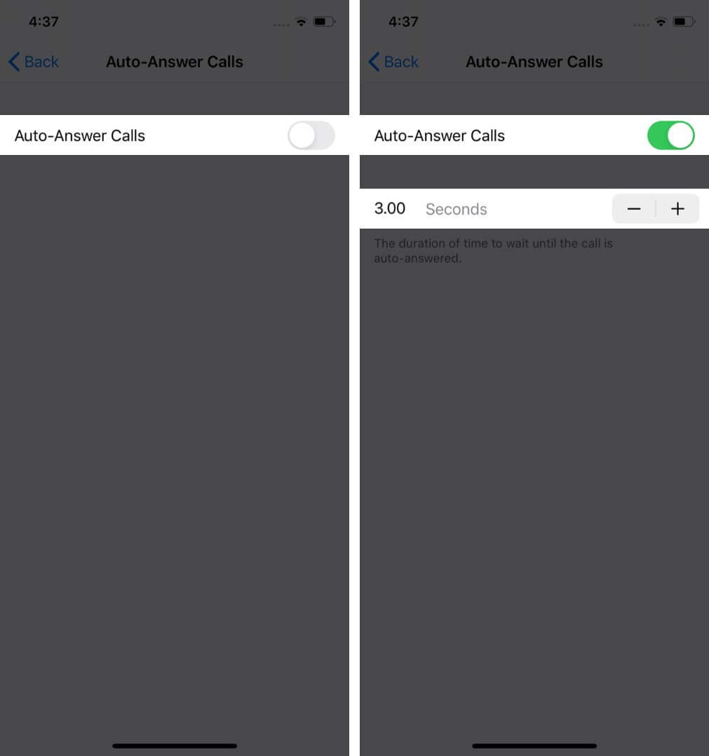 turn on auto answer calls and set wait time on iphone
