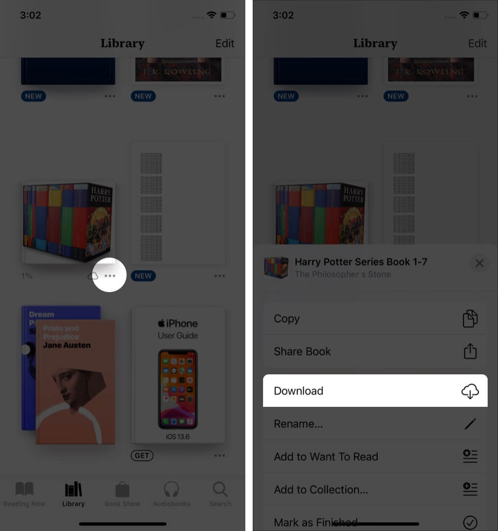 tap on three dots below book and tap on download to re download book on iphone