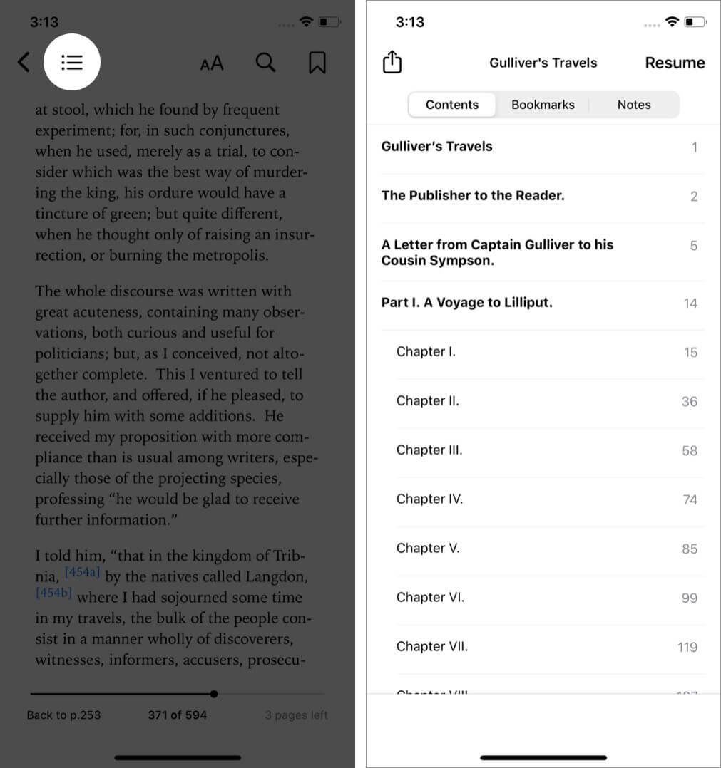tap on three line to view contents bookmarks and notes in books app