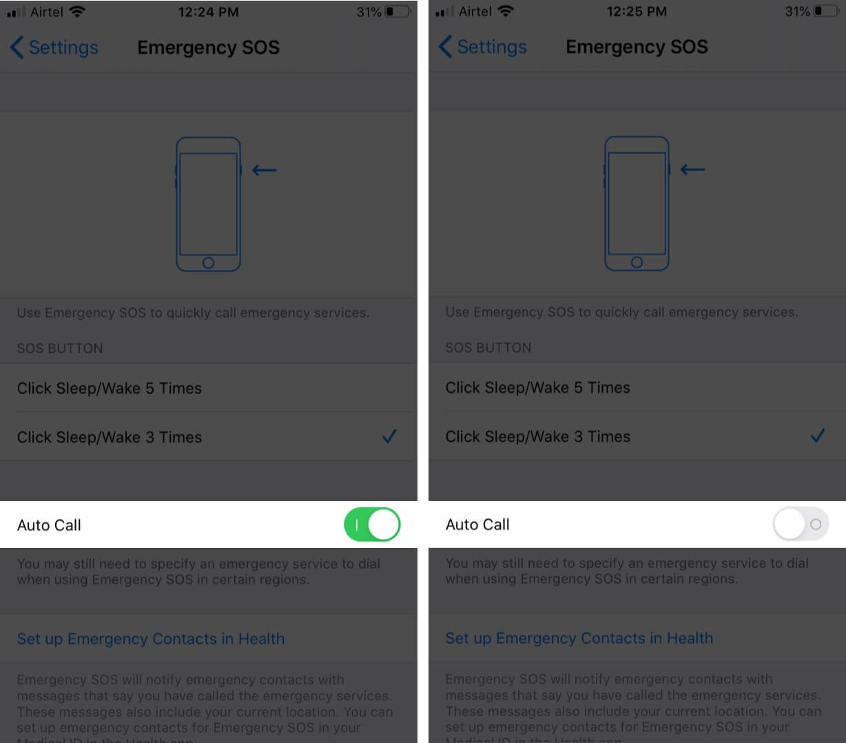 turn off emergency sos call on iphone