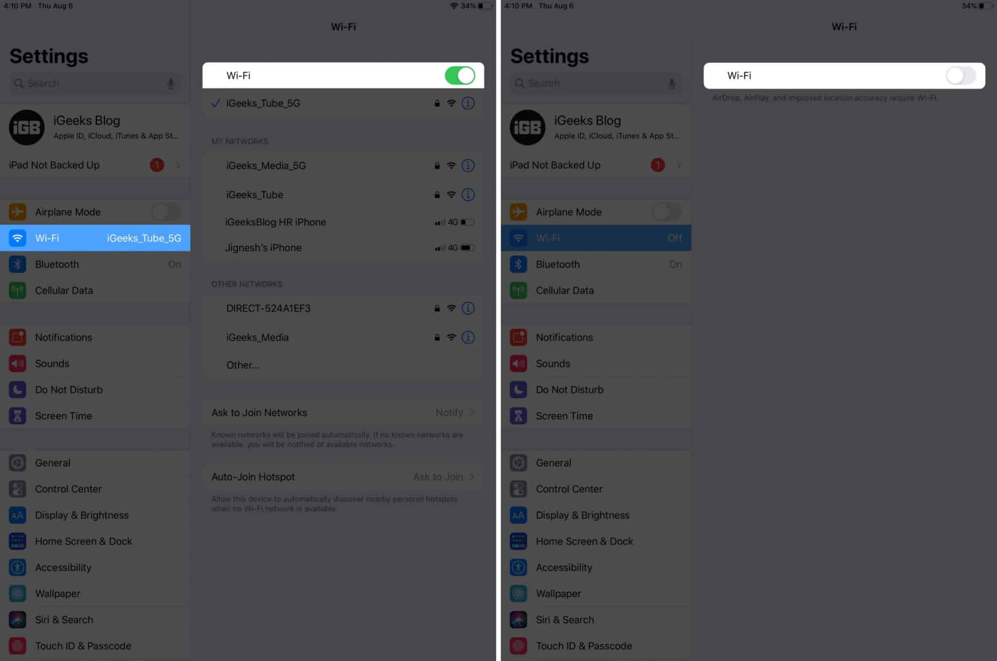 turn off wi fi on ipad