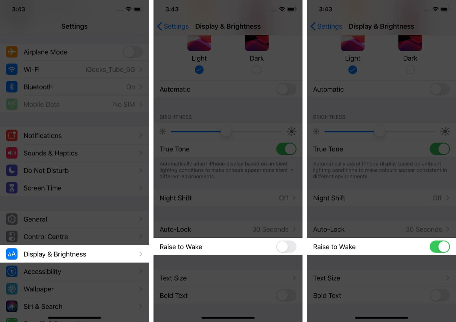 turn on raise to wake on iphone