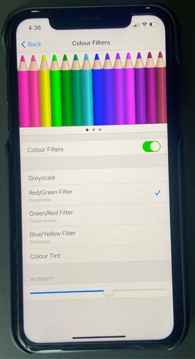 redgreen color filter on iphone