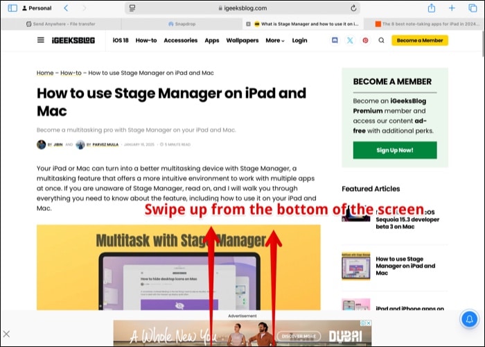 Swipe up from bottom of screen to access iPad Dock