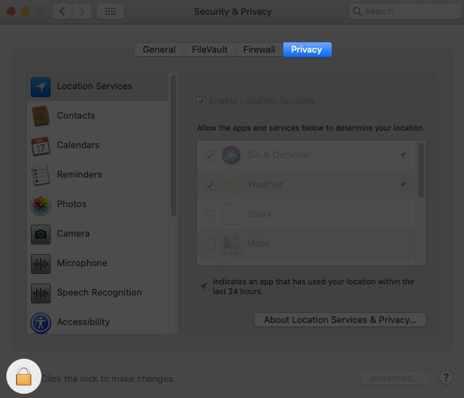 Select Privacy Tab and Click on Lock Icon