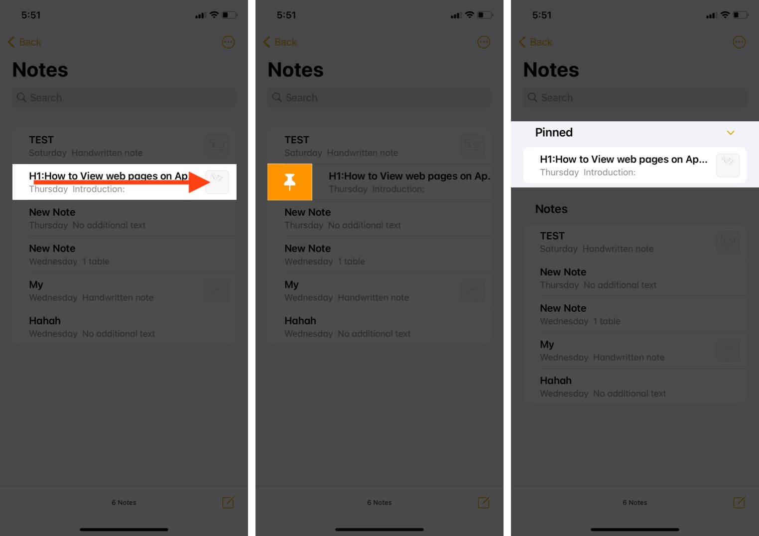 Swipe Right on Note and Tap on Pin Icon to Pin Note on iPhone
