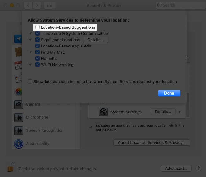 Uncheck Location Based Suggestion to Disable Location Services for Spotlight Suggestions on Mac