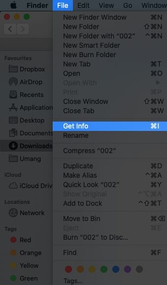 Click on File and Select Get Info on Mac