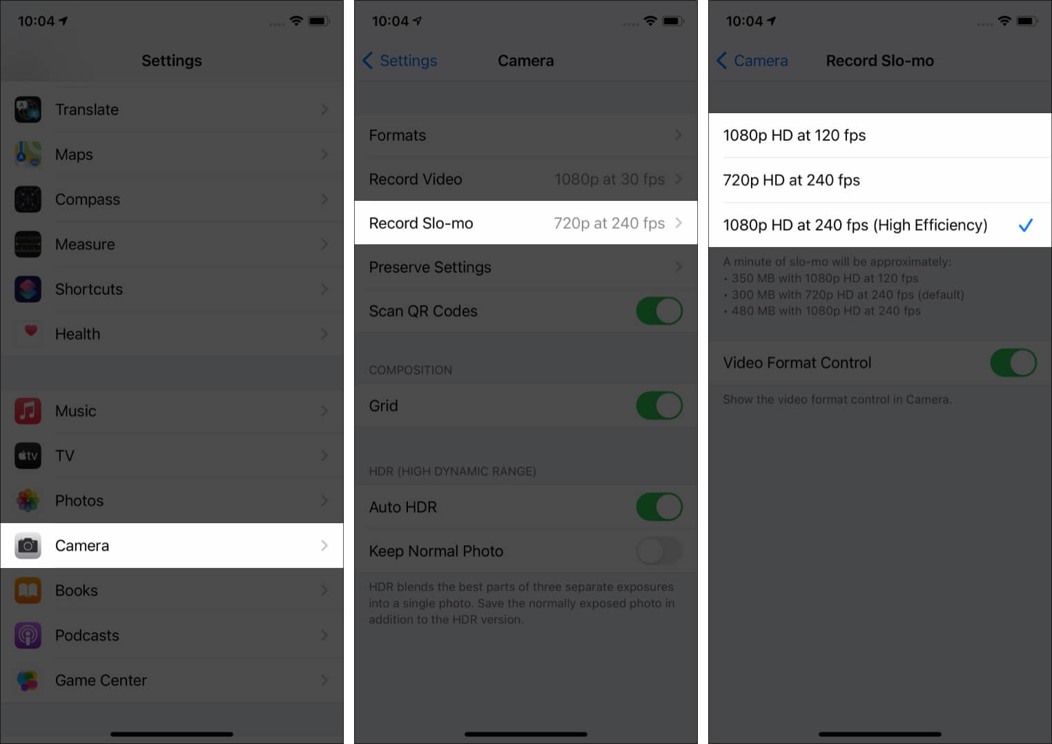 Inside Settings Tap on Camera Record Slo mo to Change Quality and fps