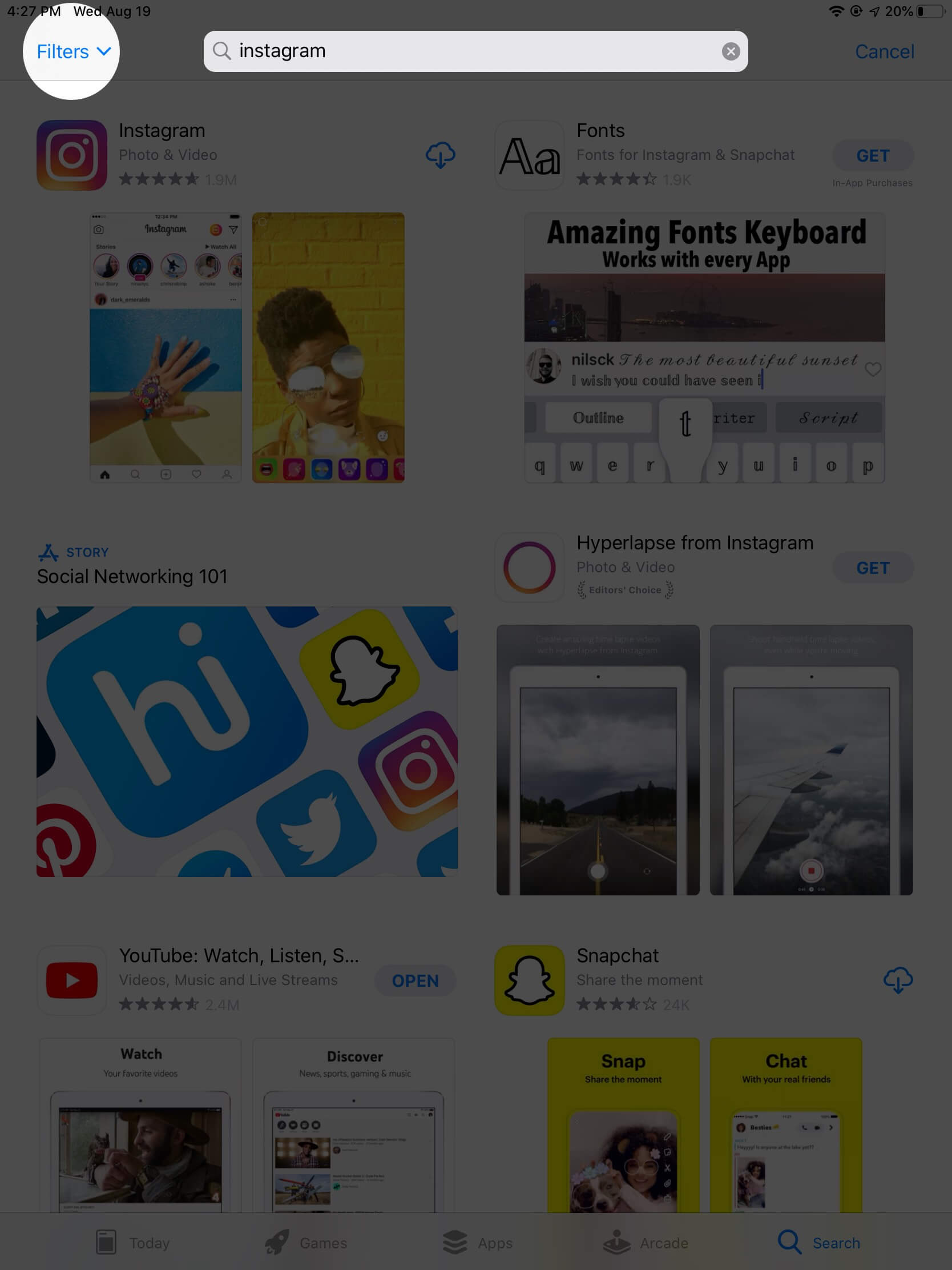 Search instagram and tap on filters