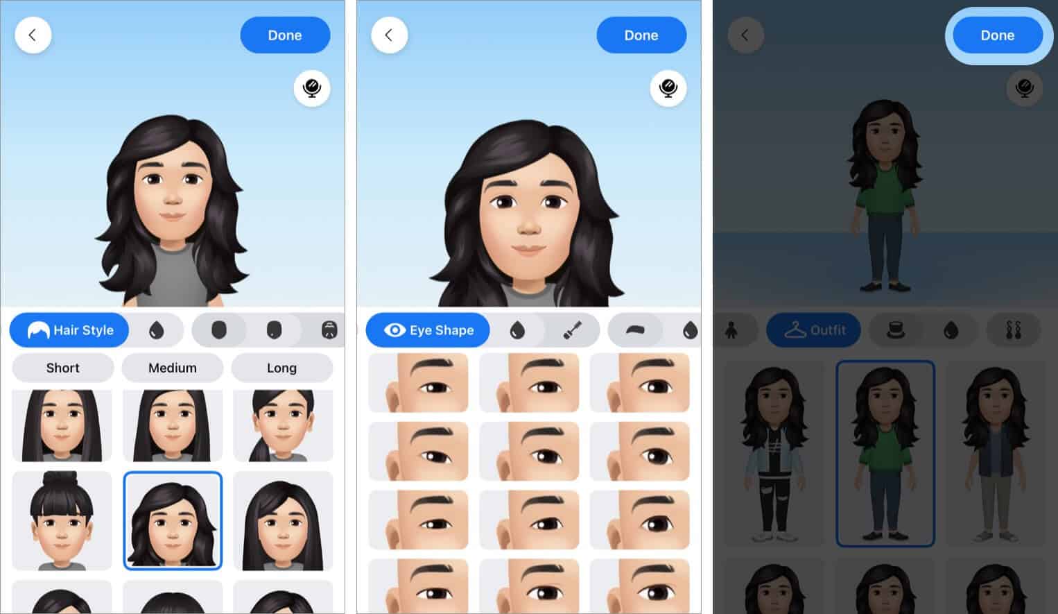 Customize Facebook Avatars various aspects like hairstyle eyes outfit etc and tap on Done