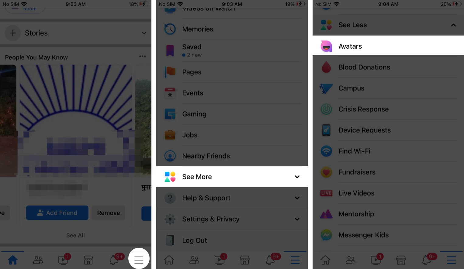 Open Facebook app tap on more tap on See More and select Avatars