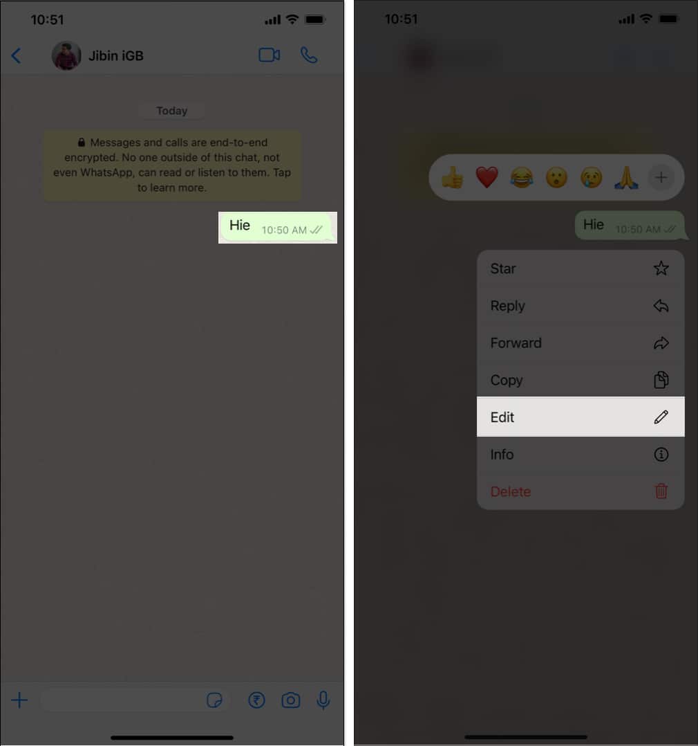 tap and hold text select Edit in WhatsApp