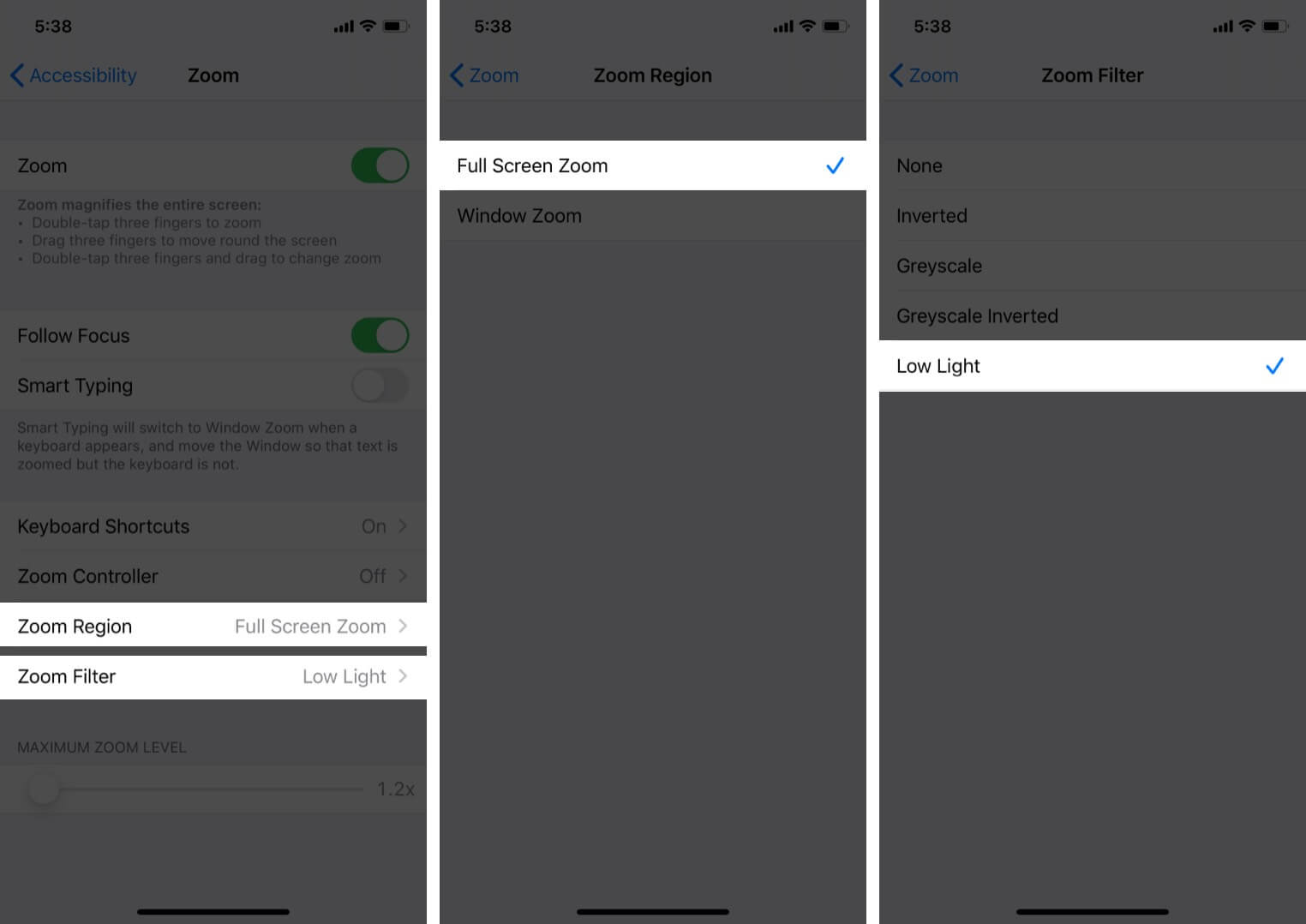 Change Zoom Region to Full Screen Zoom and Zoom Filter to Low Light on iPhone