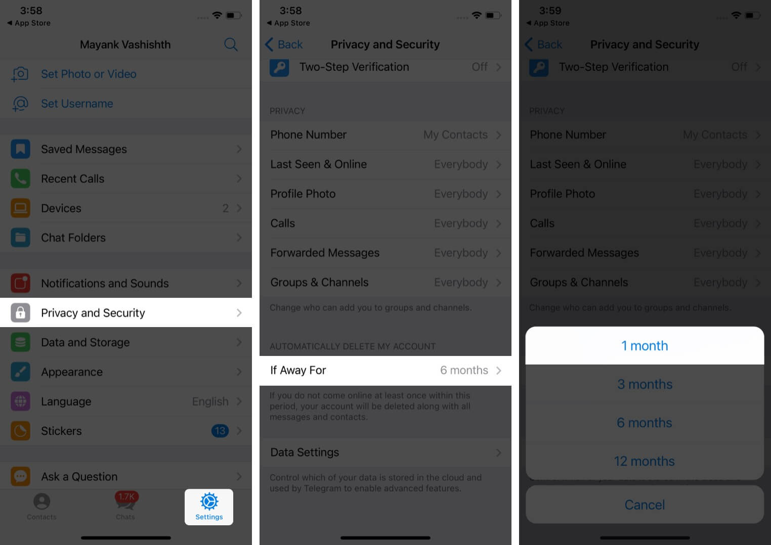 Delete telegram account by adjusting self destruction settings on iPhone