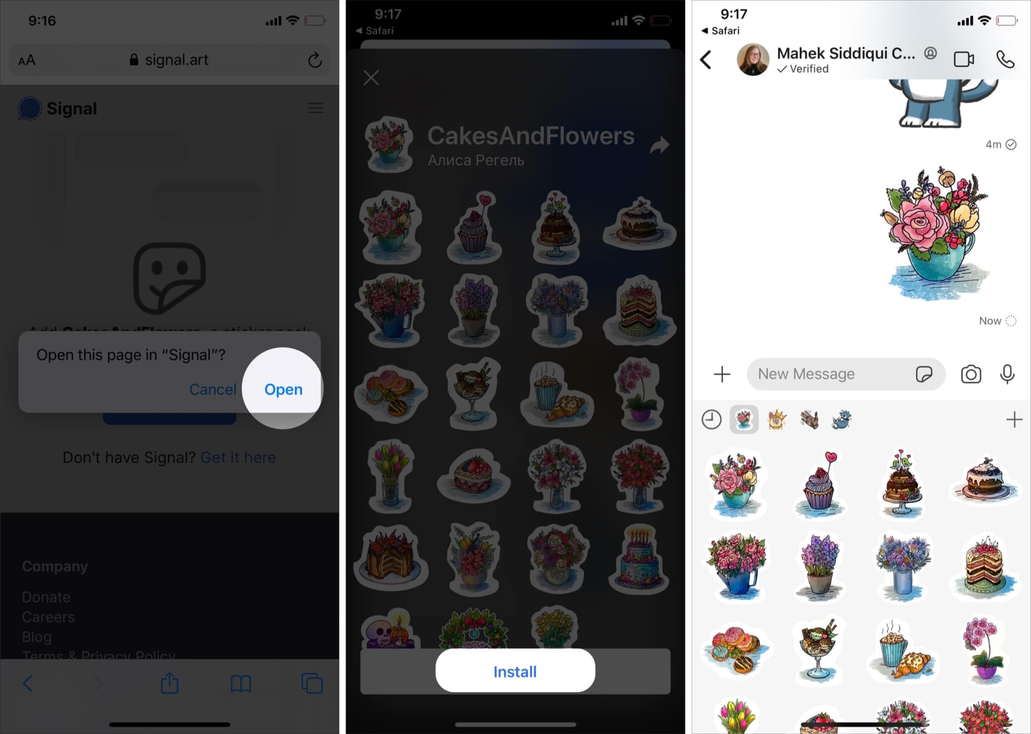 Tap on Open and Install to add third party sticker packs in Signal