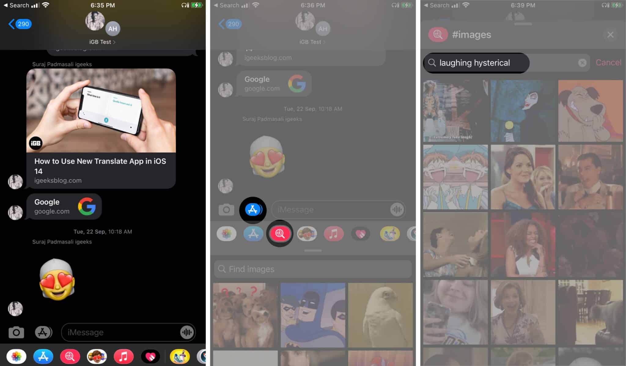 Tap on app drawer then red magnifying icon find the GIF in iMessage