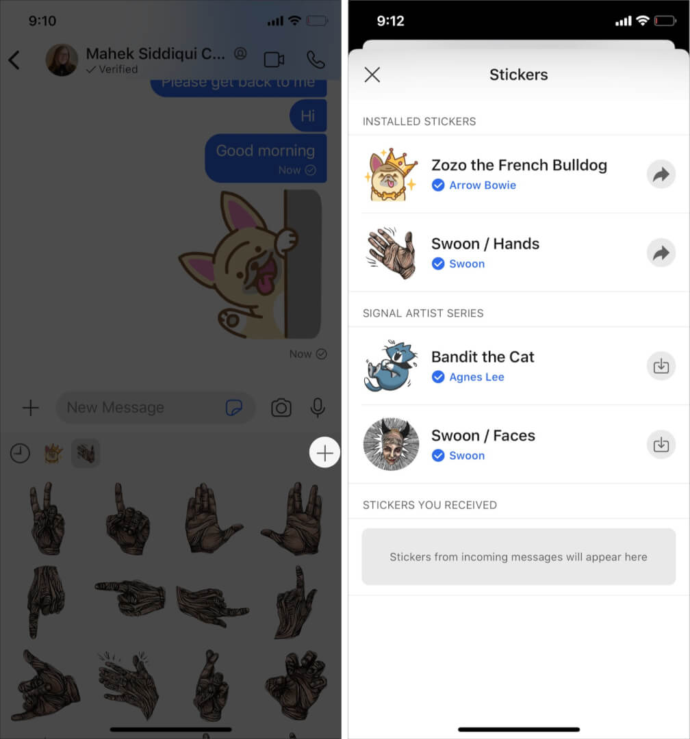 Tap on plus icon and install the Signal build in sticker packs